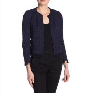 Rebecca Taylor Fringe Trim Tweed Jacket In Navy